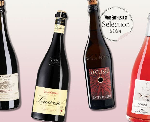 Bottles of Lambrusco on a designed background